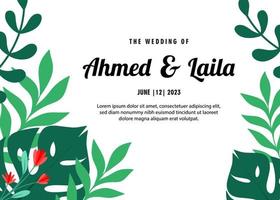 Wedding invitation card design with leaf and flower motif vector