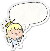 cute cartoon angel and speech bubble distressed sticker vector