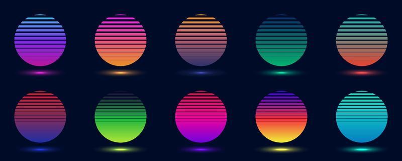 Set of badges abstract gradient colorful circles isolated on dark background retro 70s 80s style