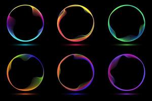 Set of glowing neon color circles round curve shape with wavy dynamic lines isolated on black background vector