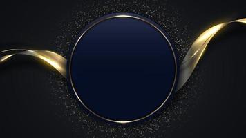 Abstract modern luxury dark blue circle shape and golden ring with gold glitter ribbon lines on dark background vector