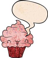 cute cartoon frosted cupcake and speech bubble in retro texture style vector