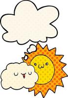 cartoon sun and cloud and thought bubble in comic book style vector