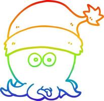 rainbow gradient line drawing cartoon octopus wearing christmas hat vector