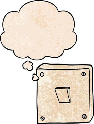 cartoon light switch and thought bubble in grunge texture pattern style