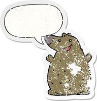 cartoon happy bear and speech bubble distressed sticker vector