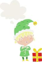 cartoon happy christmas elf and thought bubble in retro style vector