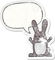 cartoon rabbit and speech bubble distressed sticker vector