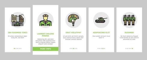 Army Soldier And War Technics Onboarding Icons Set Vector