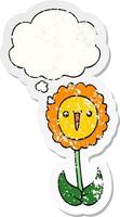 cartoon flower and thought bubble as a distressed worn sticker vector