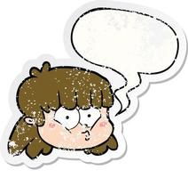 cartoon female face and speech bubble distressed sticker vector