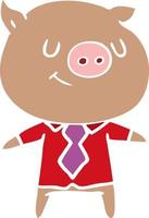 happy flat color style cartoon smart pig vector