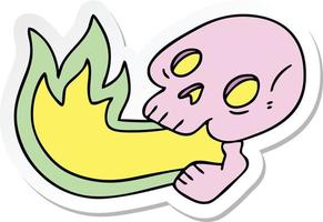 sticker of a fire breathing quirky hand drawn cartoon skull vector