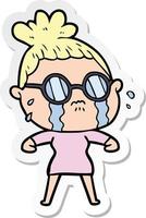 sticker of a cartoon crying woman wearing spectacles vector