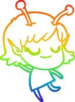 rainbow gradient line drawing smiling alien girl cartoon vector