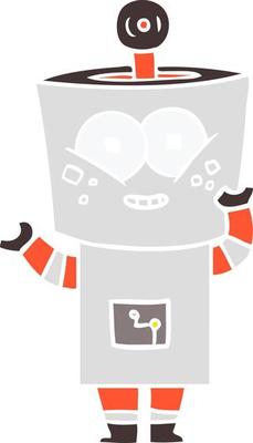 happy flat color style cartoon robot waving hello