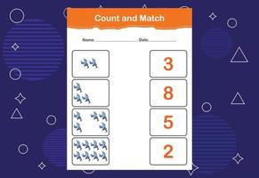 Count and match with the correct number. Matching education game. Count how many items and choose the correct number vector