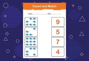 Count and match with the correct number. Matching education game. Count how many items and choose the correct number vector