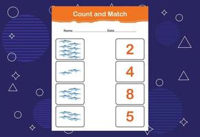 Count and match with the correct number. Matching education game. Count how many items and choose the correct number vector