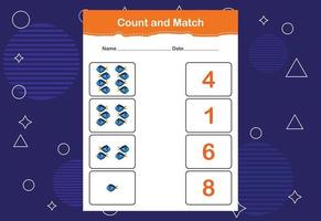 Count and match with the correct number. Matching education game. Count how many items and choose the correct number vector