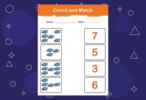 Count and match with the correct number. Matching education game. Count how many items and choose the correct number vector