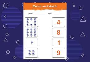 Count and match with the correct number. Matching education game. Count how many items and choose the correct number vector