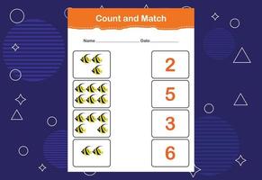 Count and match with the correct number. Matching education game. Count how many items and choose the correct number vector