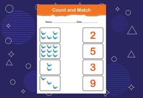 Count and match with the correct number. Matching education game. Count how many items and choose the correct number vector