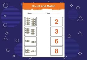 Count and match with the correct number. Matching education game. Count how many items and choose the correct number vector