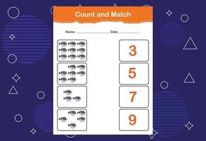 Count and match with the correct number. Matching education game. Count how many items and choose the correct number vector