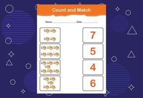 Count and match with the correct number. Matching education game. Count how many items and choose the correct number vector