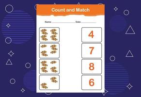 Count and match with the correct number. Matching education game. Count how many items and choose the correct number vector