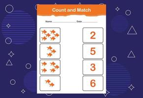Count and match with the correct number. Matching education game. Count how many items and choose the correct number vector