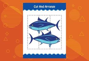 Cut and arrange with a fish worksheet for kids. Educational game for children vector