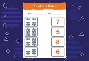 Count and match with the correct number. Matching education game. Count how many items and choose the correct number vector