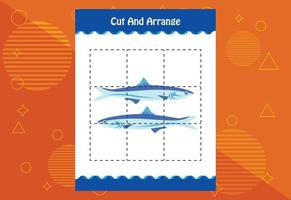 Cut and arrange with a fish worksheet for kids. Educational game for children vector