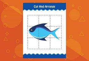 Cut and arrange with a fish worksheet for kids. Educational game for children vector