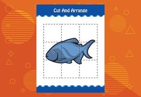 Cut and arrange with a fish worksheet for kids. Educational game for children vector