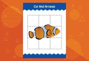 Cut and arrange with a fish worksheet for kids. Educational game for children vector