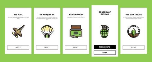 Army Soldier And War Technics Onboarding Icons Set Vector