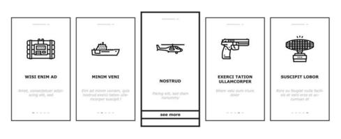 Army Soldier And War Technics Onboarding Icons Set Vector