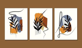 Set of 3 minimalism wall art poster with leaves flower on pottery and abstract shapes vector