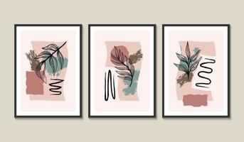 conjunto de 3 póster de arte de pared con hojas de contorno y formas abstractas vector