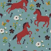 Seamless pattern of horses and flowers. Vector graphics.