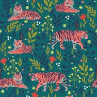 Pattern with tigers and tropical plants. Vector graphics.