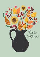 Postcard with an autumn bouquet in a jug. Vector graphics.