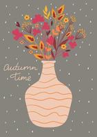 Postcard with an autumn bouquet in a vase. Vector graphics.