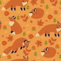 Seamless pattern with autumn foxes. Vector graphics.