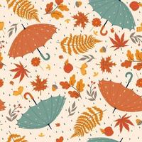 Autumn seamless pattern with umbrellas, leaves and rain. Vector graphics.