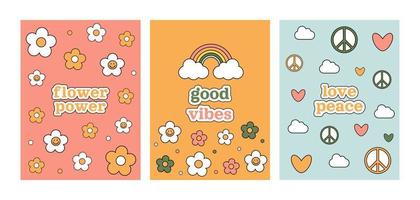 Flower power groovy 1970 set. Three postcards with colorful cartoon daisies, rainbow, hearts, symbol peace, cloud. 70s vibes background. Trippy hand drawn vector illustration.